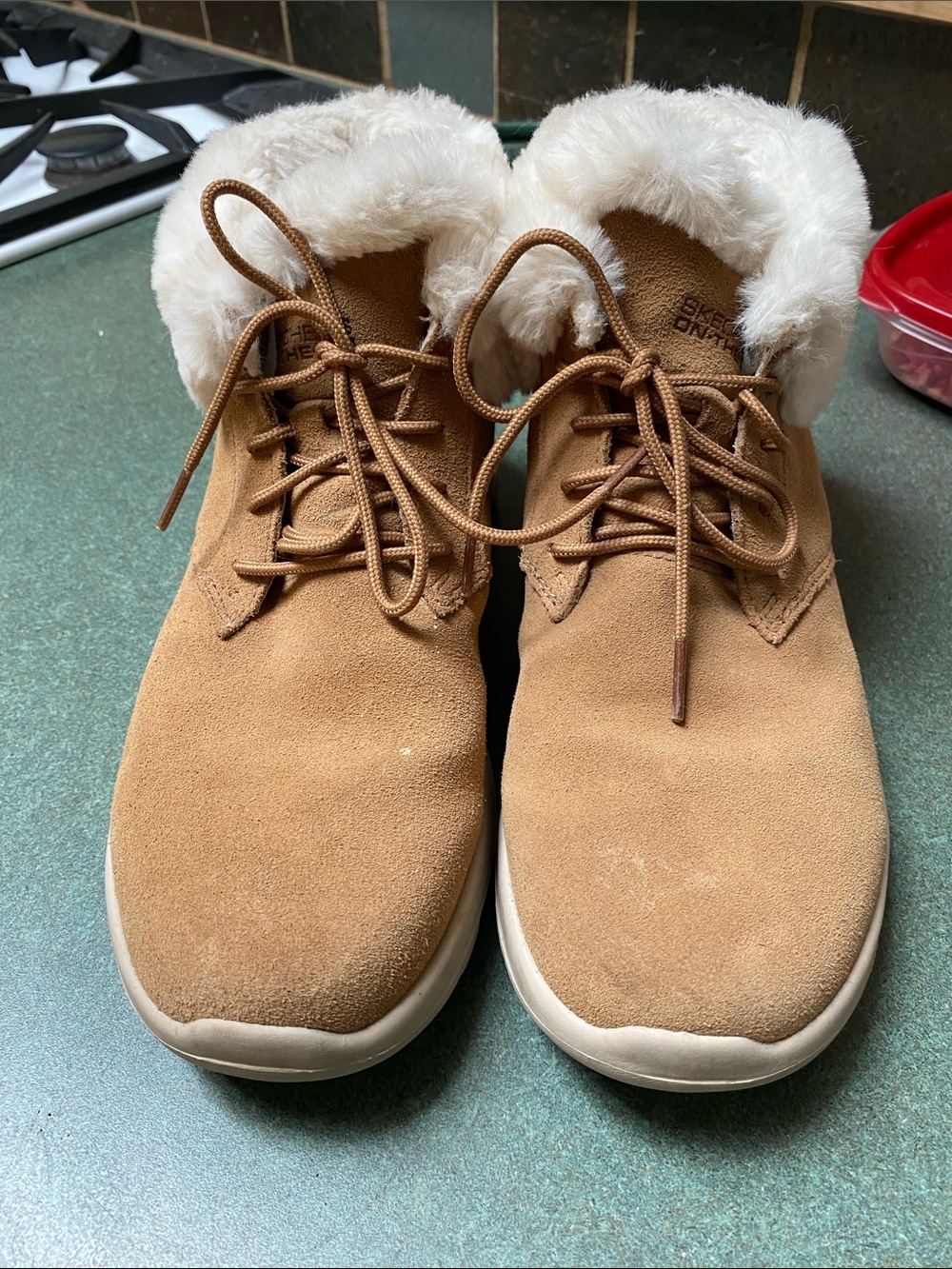 Skechers Tan Suede Lace-Up Sneakers with Cream Faux Fur Collar